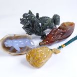 A carved agate ceremonial cup in the form of an antelope head, length 14cm, a carved jade dragon,