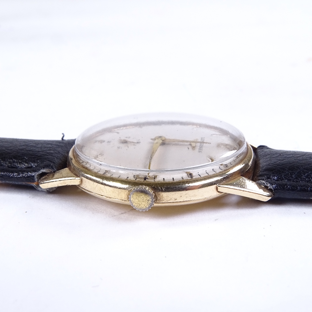 LONGINES - a Vintage 9ct gold mechanical wristwatch, silvered dial with gilt quarterly Arabic - Image 3 of 5