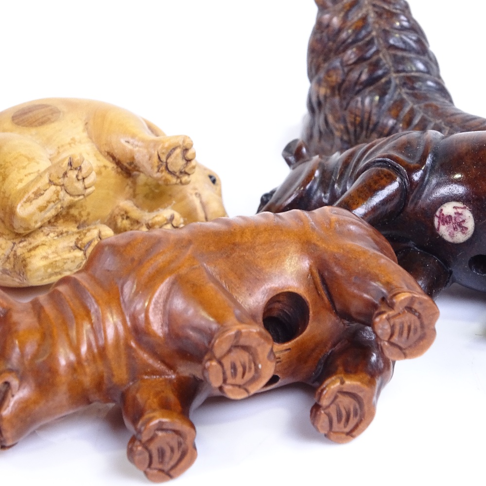 4 Japanese carved wood animal netsuke, including 2 signed rhino, length 6.5cm - Image 3 of 3