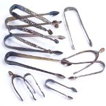 A quantity of various silver sugar tongs, including Georgian, wishbone design etc, makers included