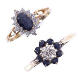 2 9ct gold sapphire and diamond cluster dress rings, sizes K and R, 3.5g total (2) Both in good