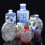 A group of Chinese porcelain stone and Peking glass snuff bottles, largest blue and white bottle