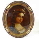 19th century oil painting behind convex glass, portrait of a woman, in gilt-gesso frame, overall