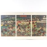 Yoshichika, 19th century Japanese woodblock triptych battle scene, each panel 14" x 9.5", mounted