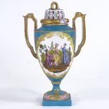 A 19th century Meissen porcelain blue and gilt 2-handled vase and cover, with hand painted scene