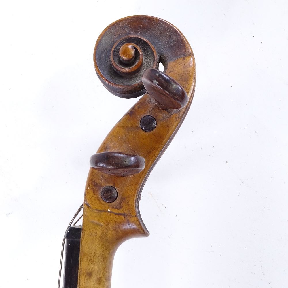 An 18th century violin, indistinct label with date 1703/09?, back length 35cm, with bow and case - Image 8 of 15