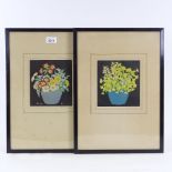 John Hall Thorpe, pair of colour wood-cut prints, primulas and forget-me-nots, signed in pencil,