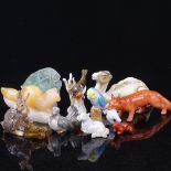 A group of miniature porcelain and hardstone animals, including a carved cat's eye stoat, length 8cm