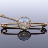 A 19th century unmarked gold miniature watercolour panel bar brooch, hand painted scene depicting