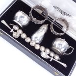 Various silver, including Indian sterling cruet set, coin bracelet, napkin rings etc Lot sold as