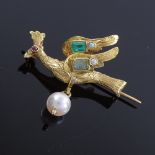 An Antique unmarked gold emerald ruby and pearl figural bird brooch, length 28.6mm, 2.4g Good