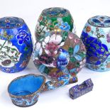 A set of 3 Chinese cloisonne enamel barrel shaped pots and covers, height 10.5cm, and 2 other