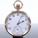 An early 20th century 9ct gold open-face top-wind pocket watch, white enamel dial with black