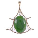 An unmarked gold cabochon jade pendant, settings test as 14ct, pendant height excluding bale 40.2mm,