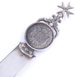 A Maltese silver paper knife with coin-inset terminal, overall length 22.5cm, 1.8oz Very good