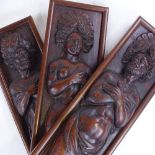 A set of 3 17th/18th century relief carved wood standing Classical figure wall panels, largest