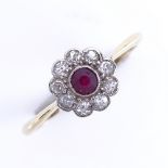 An early 20th century unmarked high carat gold ruby and diamond cluster flowerhead dress ring,