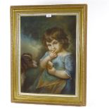 After John Russell, pastels on board, child with a dog, modern, 24" x 17", framed Good condition