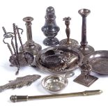 A collection of miniature doll's house silver and plated items, including a fire companion set on