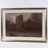 19th century charcoal and chalk drawing, church by moonlight, indistinctly signed, 13" x 20", framed