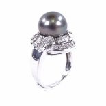 A grey Tahitian cultured pearl and diamond cluster cocktail ring, Art Deco style set with whole