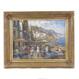 Eniko Esposito, oil on board, Italian harbour scene, signed with Exhibition information verso, 12" x