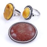 3 pieces of Danish silver and Baltic amber jewellery, including brooch and rings, sizes M and S,
