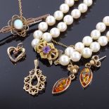 Various jewellery, including 9ct gold cabochon opal bar brooch, pair of 9ct amber earrings, pearl