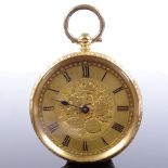 A Swiss 18ct gold open-face key-wind fob watch, floral engraved gilt dial with black painted Roman