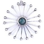 A Danish silver and cabochon blue glass modernist sunburst pendant necklace, on unmarked cable