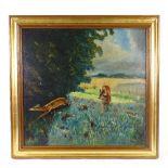 Hebein, oil on board, deer at the edge of a field, signed and dated 1946, 16.5" x 17", framed Good