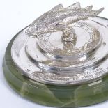 An Elizabeth II silver-mounted green onyx presentation fish desk ornament, cast-silver fish