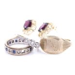 Various gold jewellery, including 18ct 3-stone diamond ring, 9ct signet ring, 9ct sapphire and paste