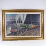 Geoff Shaw, oil on canvas, steam train at Liverpool Street Station, signed, 20" x 30", framed