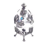 JUDAICA - a silver christening egg, relief bird and acorn stone set lid with decorated knop, opening