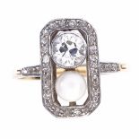 An Art Deco 18ct gold whole pearl and diamond cluster panel ring, geometric octagonal form with
