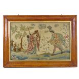 An 18th century silk needlework embroidery, depicting Oriental figures with camels, maple frame,