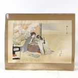 Japanese colour woodblock print, a quiet talk over the brazier, sheet size 10" x 14.5", unframed