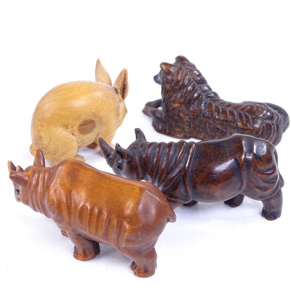 4 Japanese carved wood animal netsuke, including 2 signed rhino, length 6.5cm - Image 2 of 3