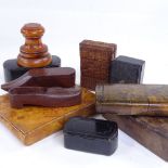 A group of treen snuffboxes, a shoe design box with swivel lid, length 8.5cm, a carved wood box with