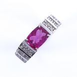 A modern 9ct white gold pink topaz and diamond dress ring, setting height 5.6mm, size N, 5.2g