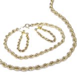 A 9ct gold ropetwist demi-parure, comprising necklace, bracelet and pair of earrings, necklace