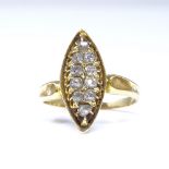 A 19th century unmarked gold diamond cluster marquise panel ring, set with old and rose-cut