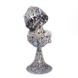A 19th century Russian silver filigree pedestal Christening egg, set with cabochon amethyst,