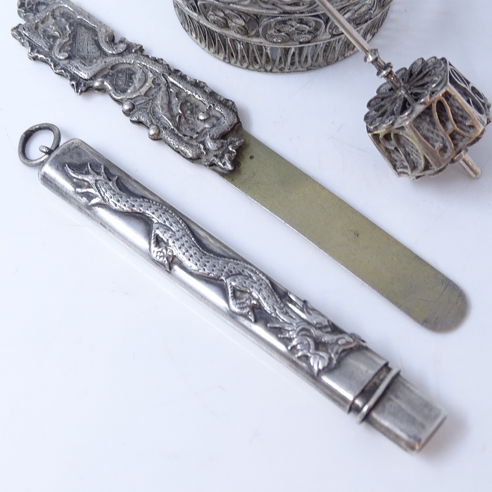 Various silver ware, including filigree basket, bookmark, dragon pencil case and spindle box, - Image 2 of 4