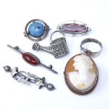 Various jewellery, including sterling silver marcasite watering can brooch, silver cameo brooch,