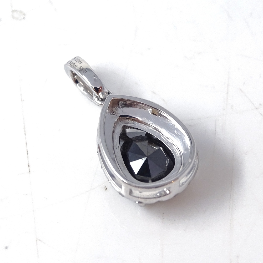 A 14ct white gold black and colourless diamond cluster pendant, pear-cut black diamond approx 3. - Image 3 of 4