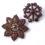 2 Victorian gilt metal garnet cluster brooches, one set with split pearls and rose-cut garnets,