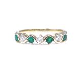 A 9ct gold emerald and diamond half hoop ring, total diamond content approx 0.2ct, maker's mark