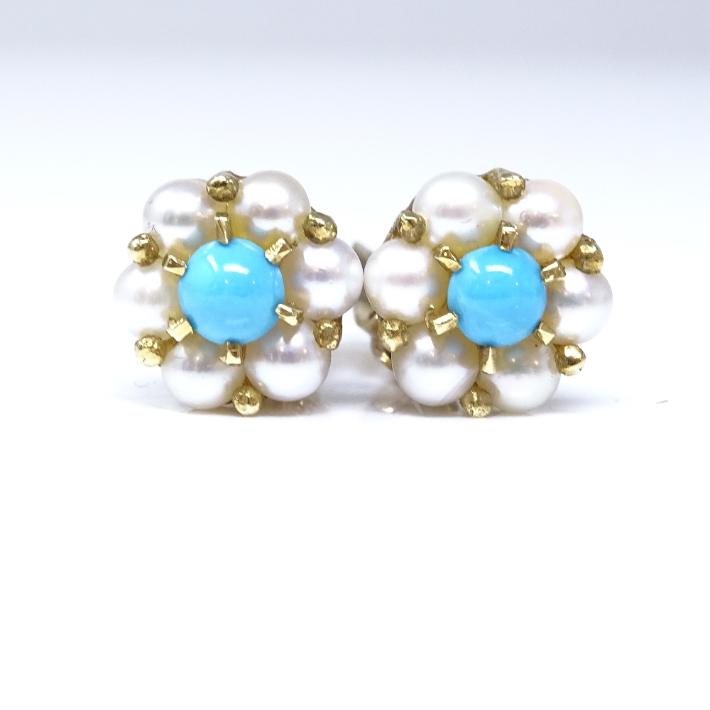 A pair of 18ct gold turquoise and pearl cluster clip-on earrings, cluster height 12mm, 6.3g Very - Image 3 of 4